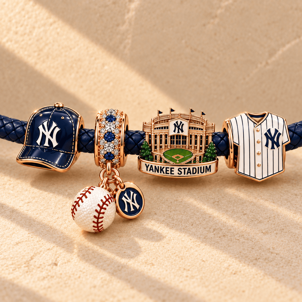 NYY Braided Leather Charm Bracelet Set NHVH