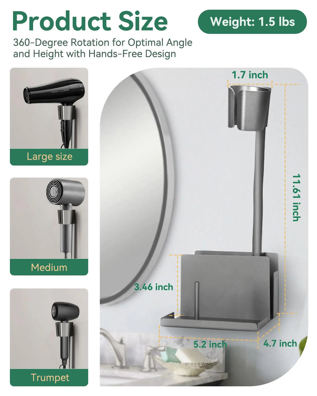 Hair Tool Organizer Wall Mounted  Hair Dryer Holder for Bathroom Adjustable and Hands Free Blow Dryer Holder for Convenience