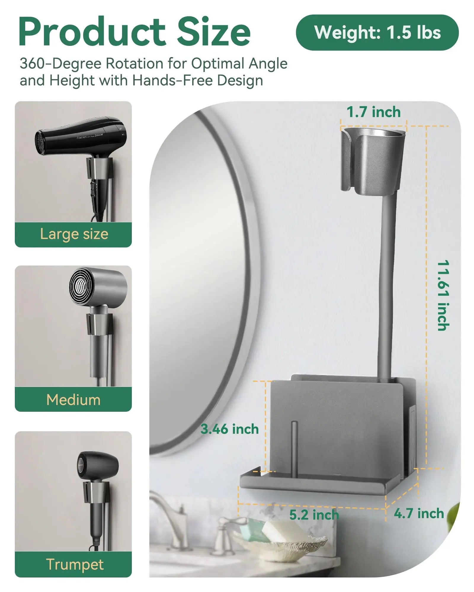 Hair Tool Organizer Wall Mounted  Hair Dryer Holder for Bathroom Adjustable and Hands Free Blow Dryer Holder for Convenience