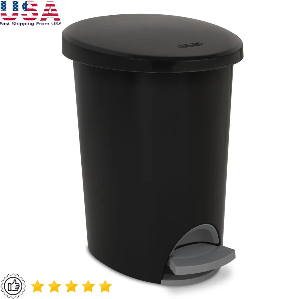 Hands-Free Step-On Plastic Trash Can Slim Oval Wastebasket Ideal Bathroom Bedroom Home Office Odor Control Removable Liner